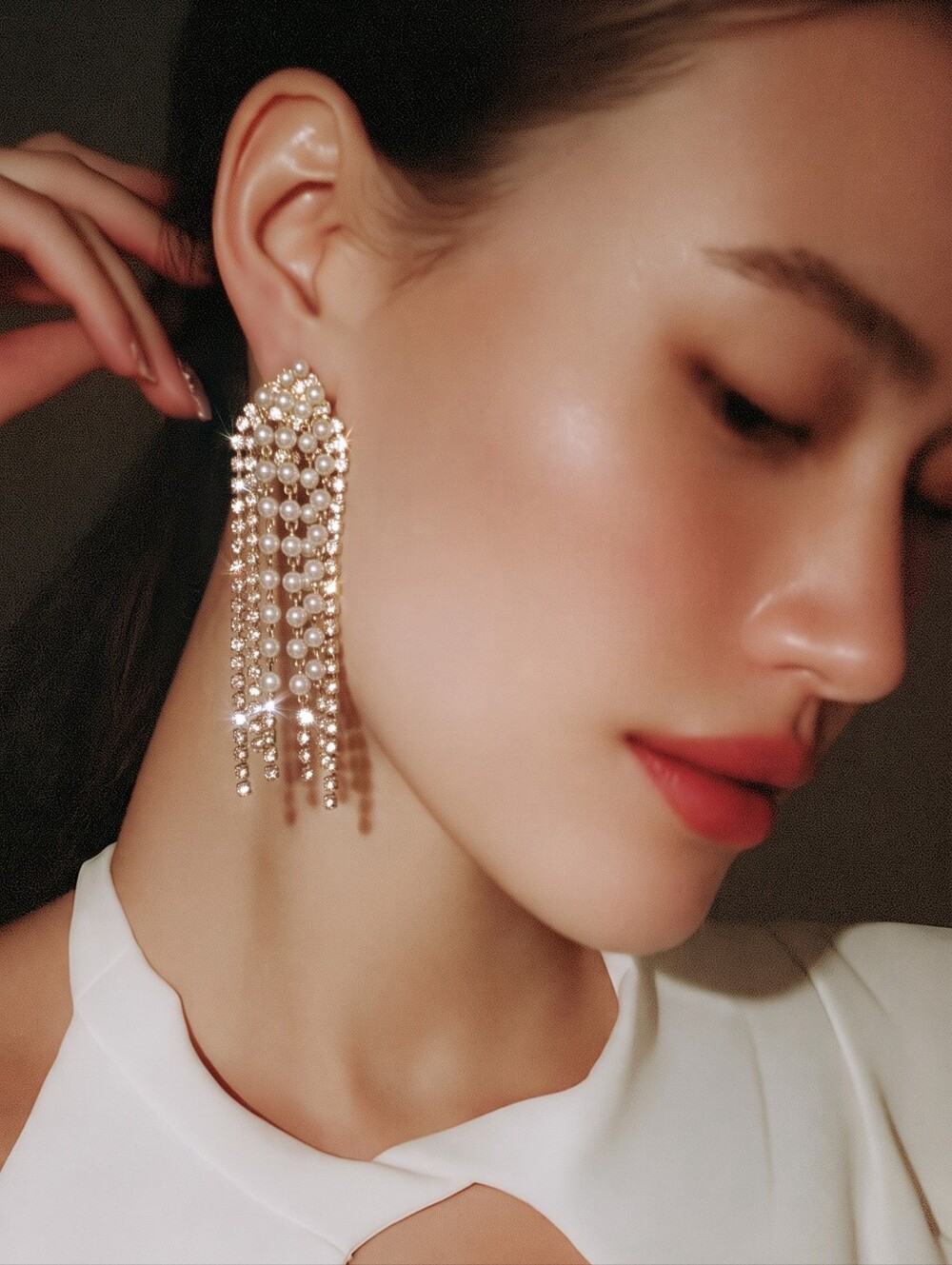 Christian Siriano Pearl & Gold Fringe Statement Earrings - White/Gold
